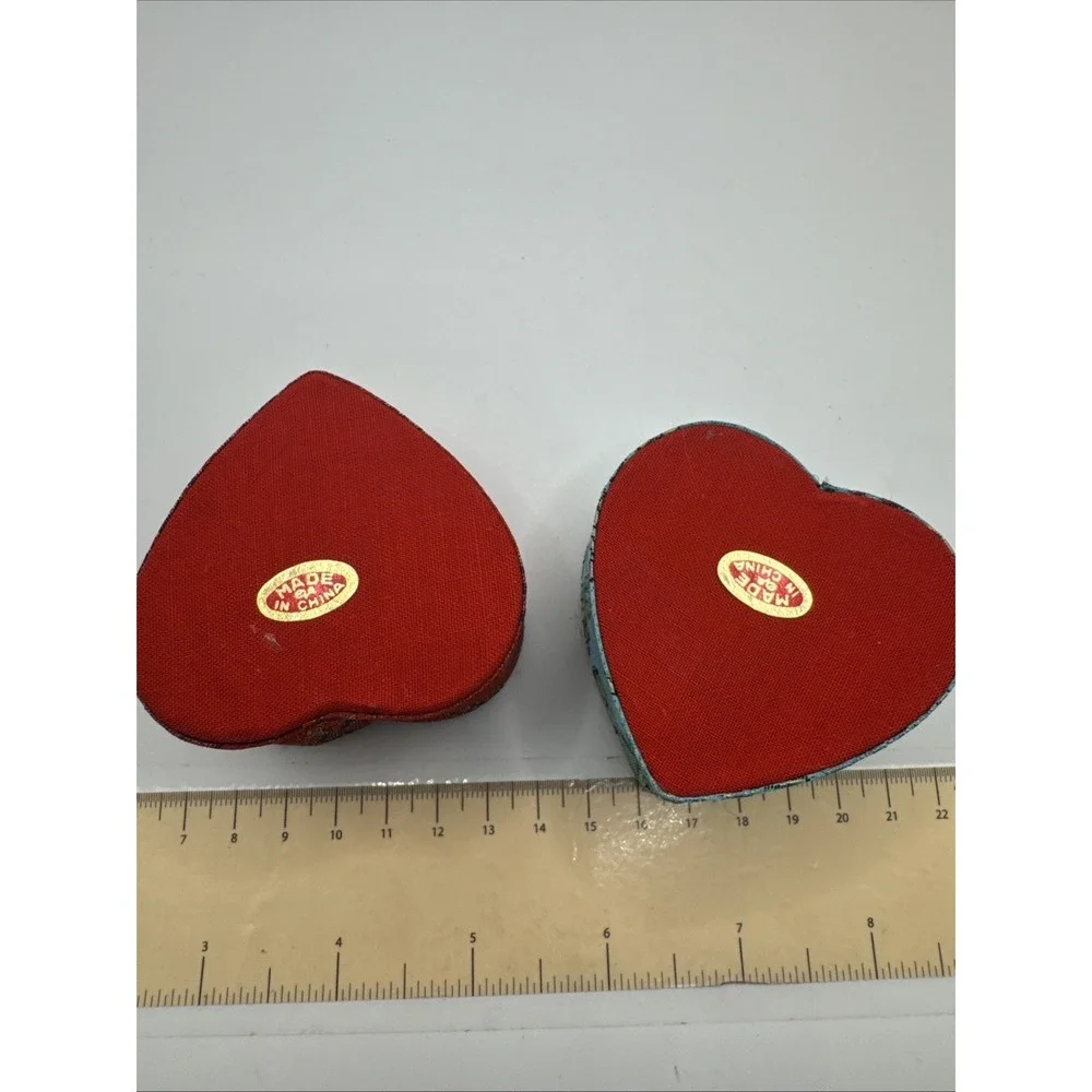Set Of 2 Asian Ring Jewelry Box Compact Fabric Floral Portable - Heart Shaped